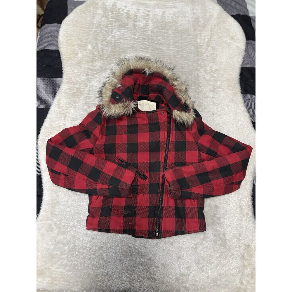 Denim &‎ Supply Ralph Lauren Women Buffalo Plaid Moto Biker Jacket Red Size M